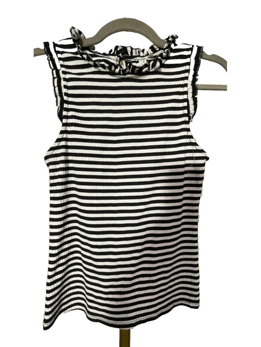 Hayden Los Angeles Women’s Black White Ruffle Sleeveless Stretch Knit Top Size S